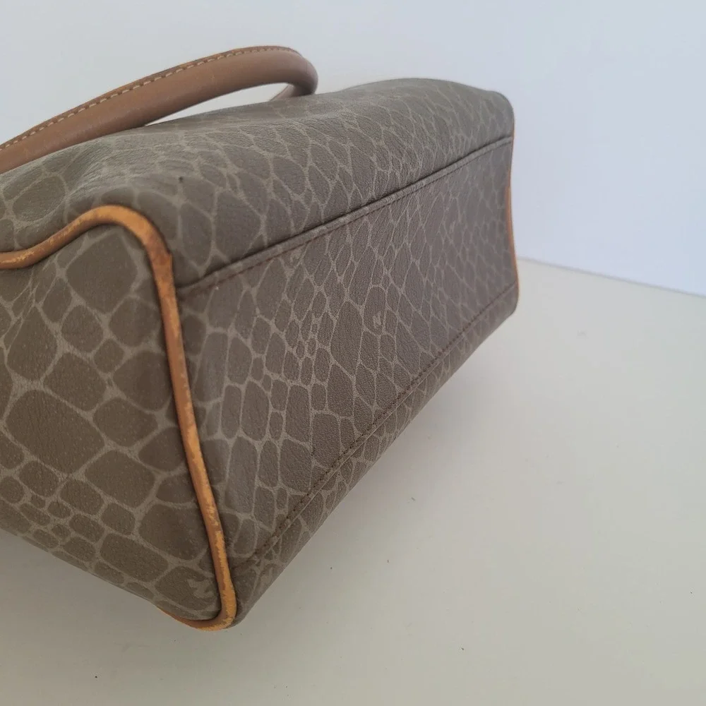 Nina Ricci Vintage‎ Brown Textured Satchel Bag Top Handle Logo Print Handbag